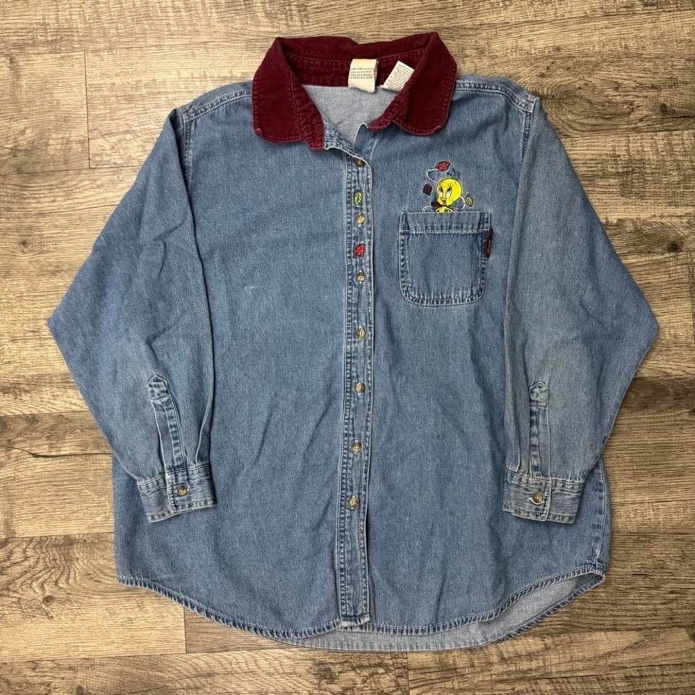 Vintage Looney Tunes Denim Button Shirt Embroidered Tweety Bird Cartoon Y2K